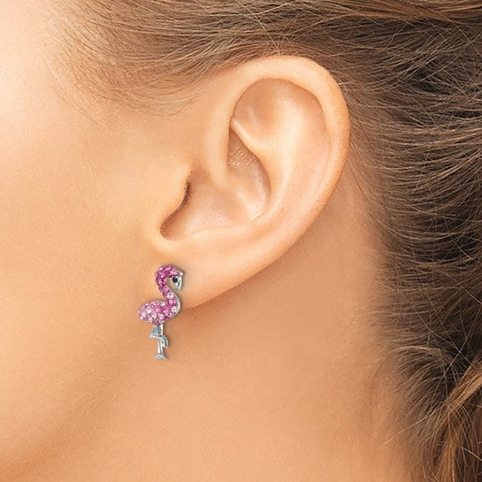 A close-up of a womans ear wearing Presco/Quality Gold Crystal Flamingo Pink Post Earrings, featuring pink gemstones with silver-colored beak and legs—unique sterling silver earrings for standout style.