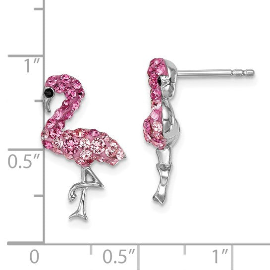 The Presco/Quality Gold Crystal Flamingo Pink Post Earrings feature flamingos adorned with pink rhinestones—one standing, one in profile—and measure about 1 inch tall.