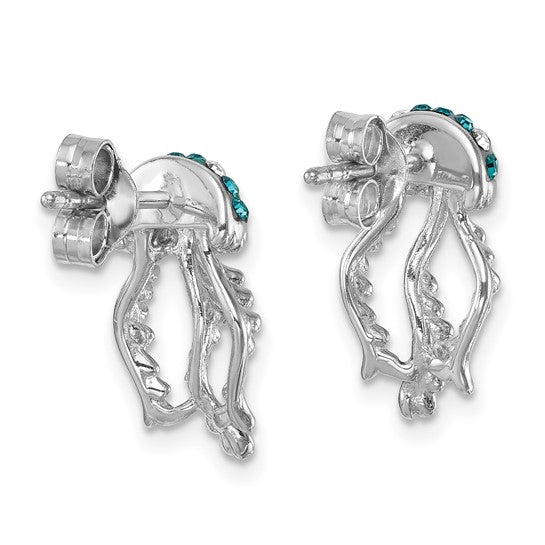 Presco/Quality Gold Crystal Jellyfish Post Earrings: sterling silver earrings featuring teal gemstones on each jellyfish head, shown from the back to highlight intricate tentacles and secure posts.