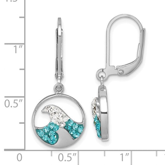 The Presco/Quality Gold Crystal Wave Whitecap Earrings feature round sterling silver with blue and clear gemstones in a wave pattern. These leverback earrings are about 1 inch long and shown against a ruler for scale.