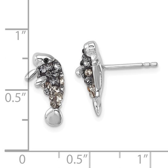 Presco/Quality Gold Crystal Manatee Post Earrings in sterling silver feature dark and light rhinestones; each playful earring is under 1 inch in size, as shown next to a ruler for scale.