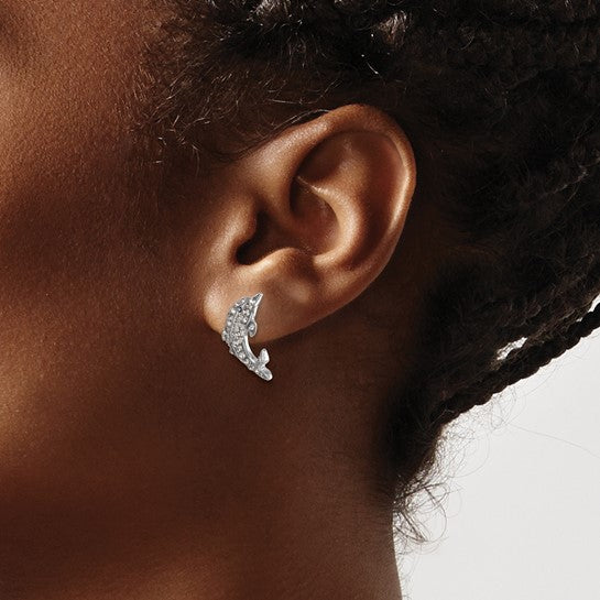 Close-up of a person with braided hair wearing Presco/Quality Gold Crystal Dolphin Post Earrings—sterling silver with sparkling stones—shown against a neutral background.