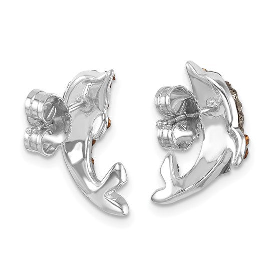 The Crystal Dolphin Post Earrings by Presco/Quality Gold are sterling silver studs shaped like dolphins, featuring butterfly backings and designed to face each other on a plain white background.