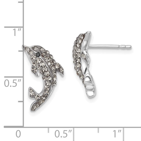Presco/Quality Gold Crystal Dolphin Post Earrings, embellished with small rhinestones, are displayed on a grid with inch markings—one earring shown front-facing and the other from the side for scale.