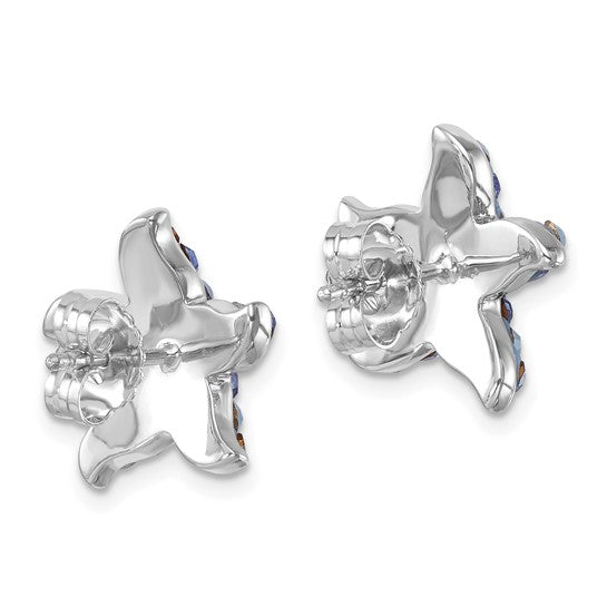 The image shows the backs of Presco/Quality Gold Crystal Blue & Clear Starfish Post Earrings, highlighting their shiny finish, earring posts, and butterfly clasps.
