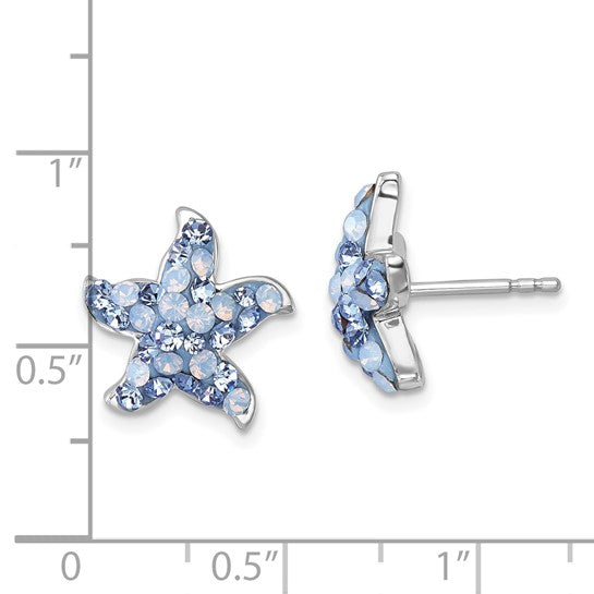 Crystal Blue & Clear Starfish Post Earrings by Presco/Quality Gold feature light blue gems and measure just under 1 inch, shown against a white background with a measurement grid.