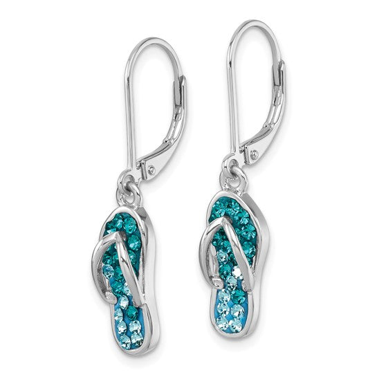 The Crystal Flip Flop Dangle Earrings by Presco/Quality Gold are sterling silver earrings shaped like flip-flops, featuring turquoise and light blue gemstones on the sandal soles.