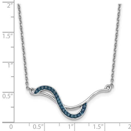 The Presco/Quality Gold Crystal Blue Wave Inlay Necklace features a sterling silver pendant with blue gemstones, shown on a white background with a ruler indicating the pendant measures about 1.5 inches wide.