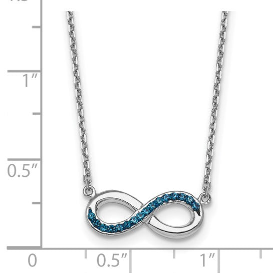 The Presco/Quality Gold Crystal Infinity Necklace features a sterling silver infinity pendant with blue crystals, measuring around 1 inch wide.