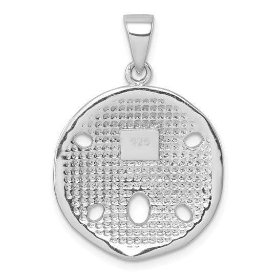 The Crystal White Sand Dollar Pendant by Presco/Quality Gold features textured sterling silver, five oval cutouts, a central 925 engraving, and hangs from a simple metal bail.