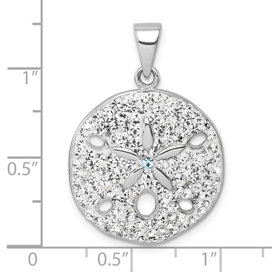 The Presco/Quality Gold Crystal White Sand Dollar Pendant features small crystals and a central star-shaped cutout, measuring about 1 inch wide and tall as shown next to a ruler.