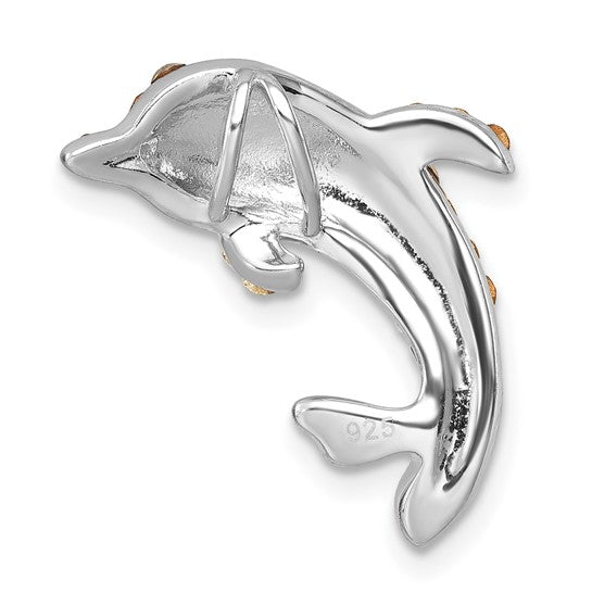The Crystal Grey Dolphin Pendant by Presco/Quality Gold features a leaping dolphin in sterling silver with 925 engraving. Tarnish-resistant, this shiny jewelry piece gleams beautifully against a white background.