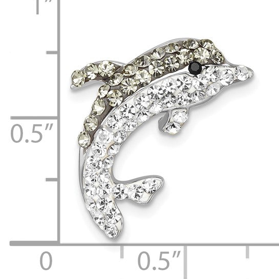 The Presco/Quality Gold Crystal Grey Dolphin Pendant features clear and light brown rhinestones. Shown on an inch-marked background, it measures under 1 inch tall and wide—a charming piece of tarnish resistant jewelry.