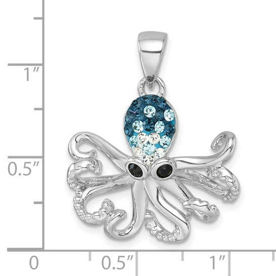 The Presco/Quality Gold Crystal Octopus Pendant is a sterling silver piece with blue, white, and black gemstones on its head and eyes, measuring about 1 inch wide by 1.25 inches tall—a unique crystal jewelry pendant.