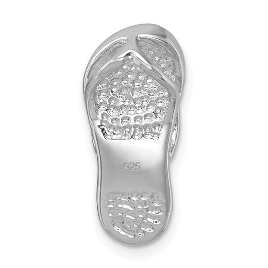 The Presco/Quality Gold Crystal Single Flip Flop Pendant is a sterling silver sandal-shaped charm with textured sole details and 925 engraved near the heel, highlighting its fine craftsmanship.
