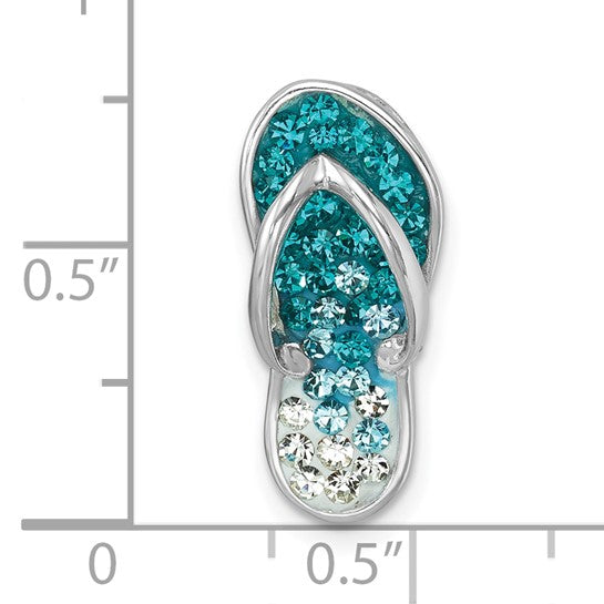 The Presco/Quality Gold Crystal Single Flip Flop Pendant features a tiny sandal shape adorned with blue and clear rhinestones, measuring under 1 inch in length—an elegant accessory for any jewelry collection.