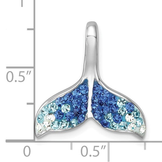 The Presco/Quality Gold Crystal Blue Mermaid Tail Pendant features sterling silver encrusted with blue, teal, and white crystals and measures about 0.5 inches tall and wide, as shown against a background with measurement markings.