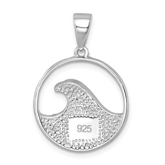 The Crystal Wave Whitecap Pendant by Presco/Quality Gold is a round sterling silver pendant with a stylized wave and textured dots, featuring 925 engraving and tarnish resistance for lasting shine.