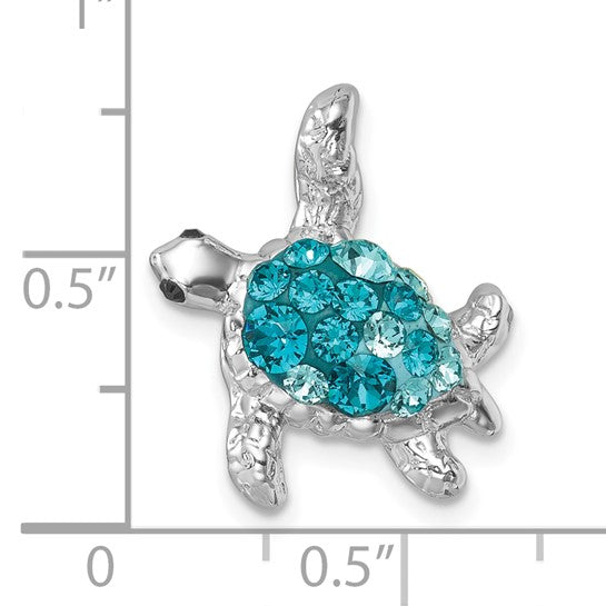 The Crystal Teal Turtle Pendant by Presco/Quality Gold is a small sterling silver piece with blue gemstones on its shell, measuring under 1 inch in both length and width, shown against an inch scale for size reference.