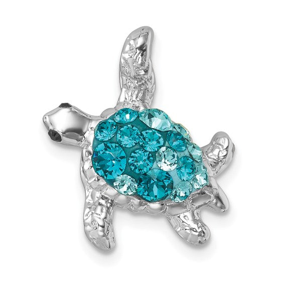 The Presco/Quality Gold Crystal Teal Turtle Pendant features a sterling silver design with a shell encrusted in sparkling blue gemstones, showcased against a white background.