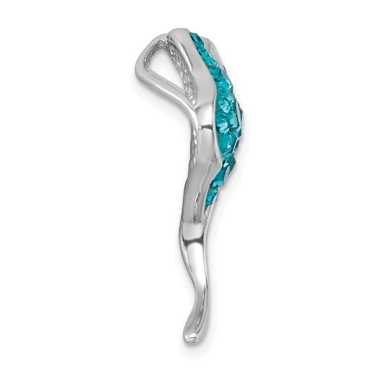 The Presco/Quality Gold Crystal Stingray/Teal Crystal Pendant features a sterling silver, abstract curved design with a row of sparkling teal crystals embedded along one side.