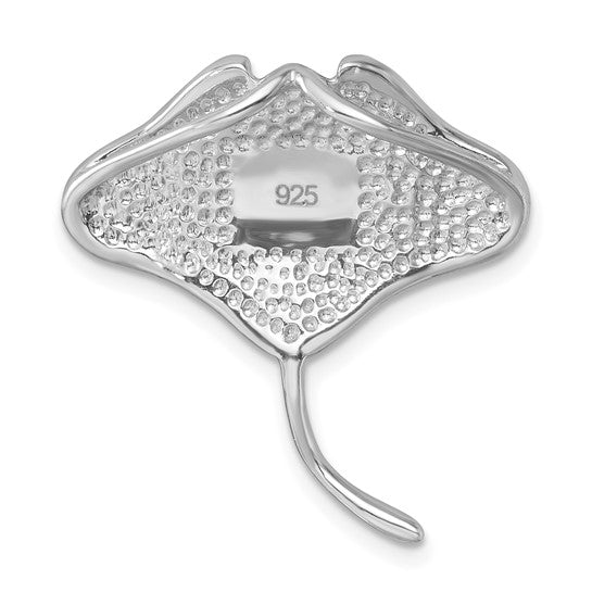 The Crystal Stingray/Teal Crystal Pendant by Presco/Quality Gold is a sterling silver piece with a textured surface, curved tail, and engraved 925 mark, showcasing detailed craftsmanship and striking teal crystal accents.
