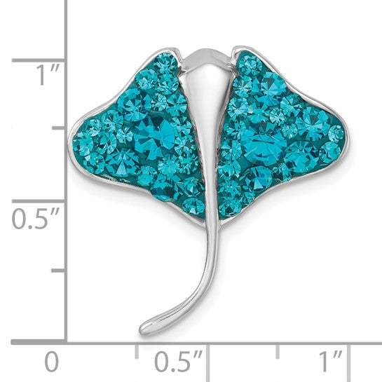 The image shows a Presco/Quality Gold Crystal Stingray Pendant, accented with teal crystals. A ruler indicates the pendant measures about 1 inch wide and tall.