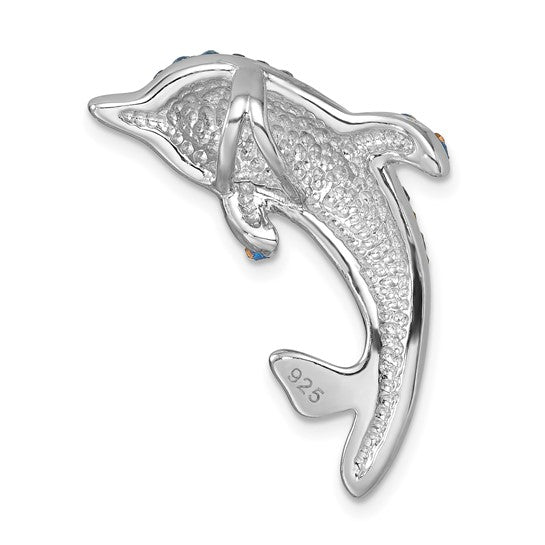 The Presco/Quality Gold Crystal Large Dolphin Pendant is a sterling silver dolphin-shaped piece featuring textured details and a 925 engraving on its tail fin—an elegant addition to any jewelry collection.