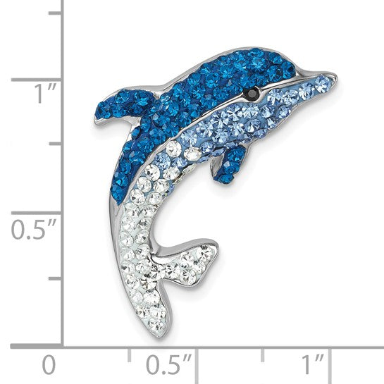 The Crystal Large Dolphin Pendant by Presco/Quality Gold features blue and white sparkling stones in a dolphin design, measuring about 1 inch tall and 0.75 inches wide as shown on the grid.
