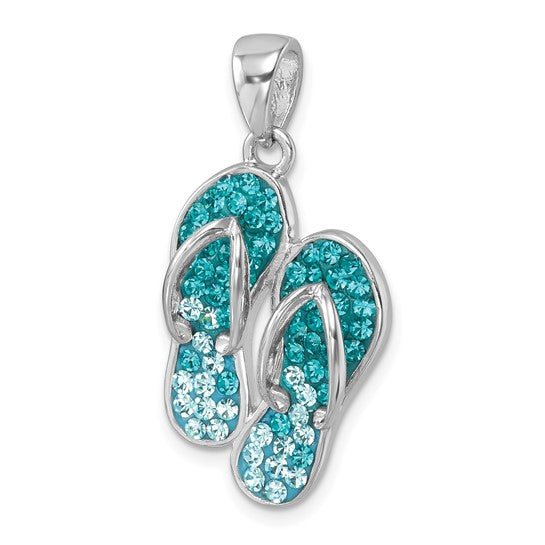 The Presco/Quality Gold Crystal Double Flip Flop Pendant features teal and light blue sparkling stones on sterling silver, attached to a small bail—an eye-catching, playful accessory.