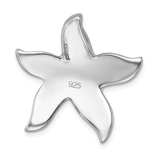 The Presco/Quality Gold Crystal Blue & Clear Starfish Pendant showcases smooth, rounded arms and a shiny sterling silver finish, with 925 engraved at the center to highlight its elegant starfish design.