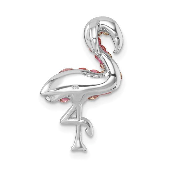 The Presco/Quality Gold Crystal Small Pink Flamingo Cry Pendant features a shiny sterling silver design with a slightly raised leg and subtle pink accents on the body and neck, displayed against a white background.