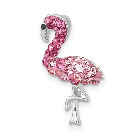 The Crystal Small Pink Flamingo Cry Pendant by Presco/Quality Gold features a silver flamingo with sparkling pink gemstones, one raised leg, and detailed facial features for an elegant accent.