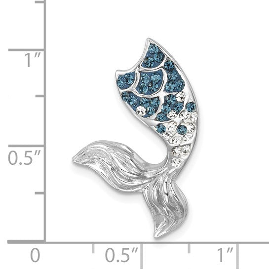 The Presco/Quality Gold Crystal Mermaid Tail Pendant features a silver mermaid tail with blue and white rhinestones, measures about 1 inch tall by 0.5 inches wide, and is perfect for ocean lovers. Ruler shown for scale in inches.
