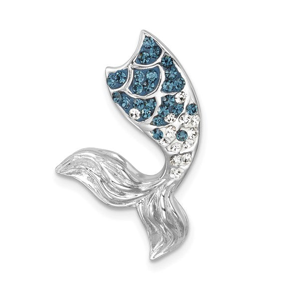 The Presco/Quality Gold Crystal Mermaid Tail Pendant features detailed sculpted fins and scales, adorned with sparkling blue and white crystals in sterling silver.