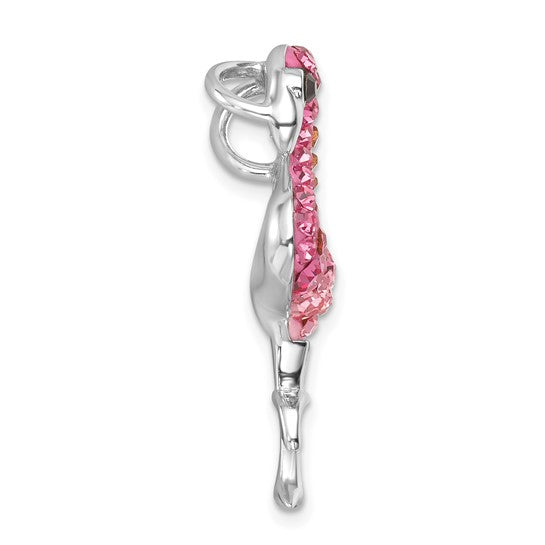 The Presco/Quality Gold Crystal Small Pink Flamingo Crystal Pendant features a sterling silver flamingo adorned with pink crystals and a top loop for easy attachment to bracelets or necklaces.