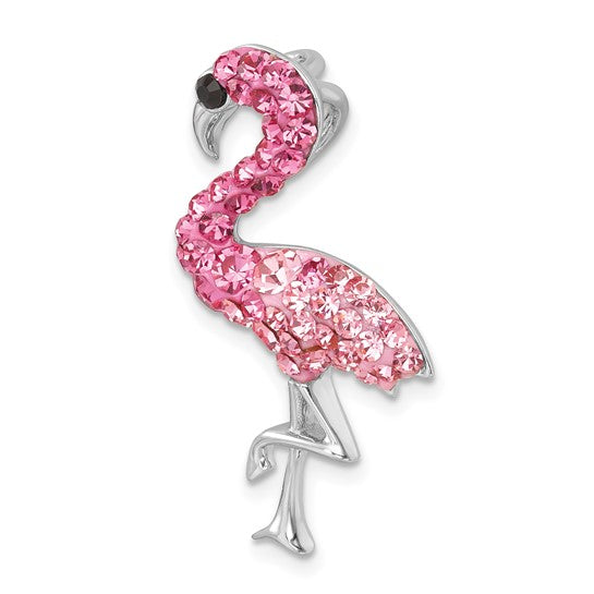 The Presco/Quality Gold Crystal Small Pink Flamingo Crystal Pendant features pink crystals on the body and neck, a black crystal eye, and a silver-tone base with one raised leg—an elegant accessory inspired by flamingos.