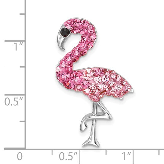 The Presco/Quality Gold Crystal Small Pink Flamingo Pendant features pink crystals and stands just over 1 inch tall, as shown against a ruler background.