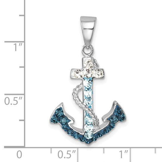 The Presco/Quality Gold Crystal Anchor/Rope/Cry Inlay Pendant is a sterling silver piece with blue and clear crystal accents, rope detailing, and measures about 1.25 tall by 1 wide, shown against a white background with a ruler for scale.
