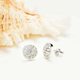 Swarovski Crystals White Stud Earrings- Ocean Jewelry by Shanore are elegantly placed on a soft white backdrop, complemented by a large cream seashell with orange accents.