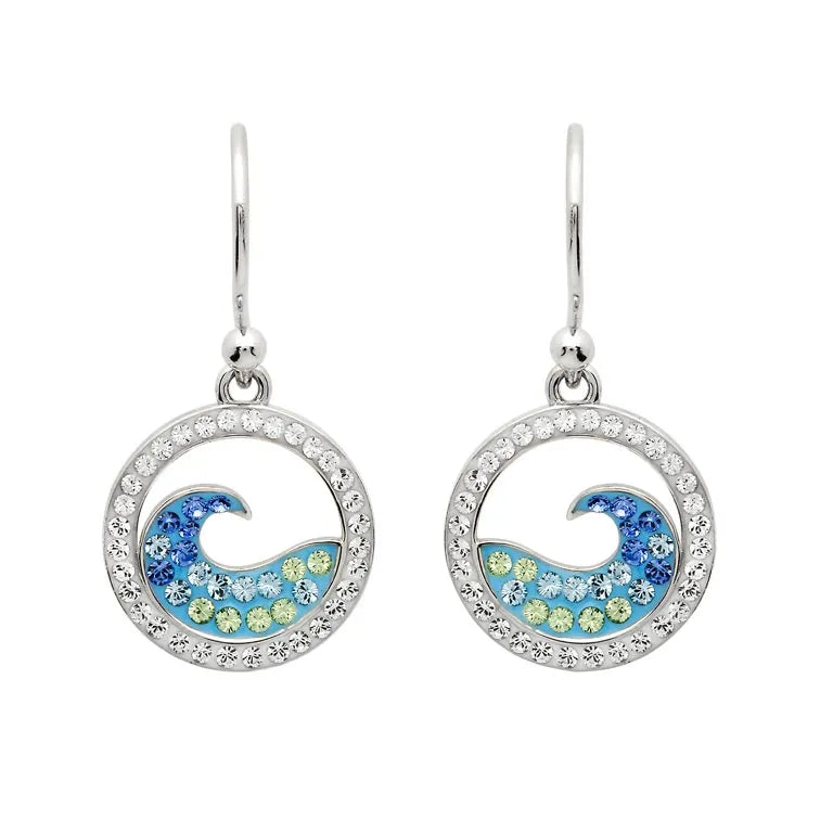 Introducing the Shanore Swarovski Crystals Blue Wave Drop Earrings-Ocean Jewelry. Crafted from sterling silver, these earrings feature circular pendants with blue and green wave designs embellished with Swarovski Crystals and clear stones for added sparkle.