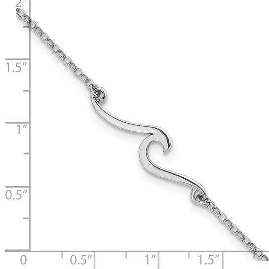 The Presco/Quality Gold Sterling Silver Wave Anklet features a smooth, polished wave centerpiece on a fine adjustable chain, displayed on a white background beside an inch ruler for scale.