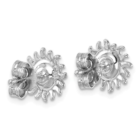 The Crystal Aqua Sun Post Earrings by Presco/Quality Gold feature a shiny sterling silver sun design with radiating rays, displayed from above against a plain white background.