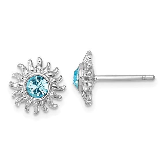 Crystal Aqua Sun Post Earrings by Presco/Quality Gold, featuring a round blue gemstone at the center, shown from the front and side on a white background.