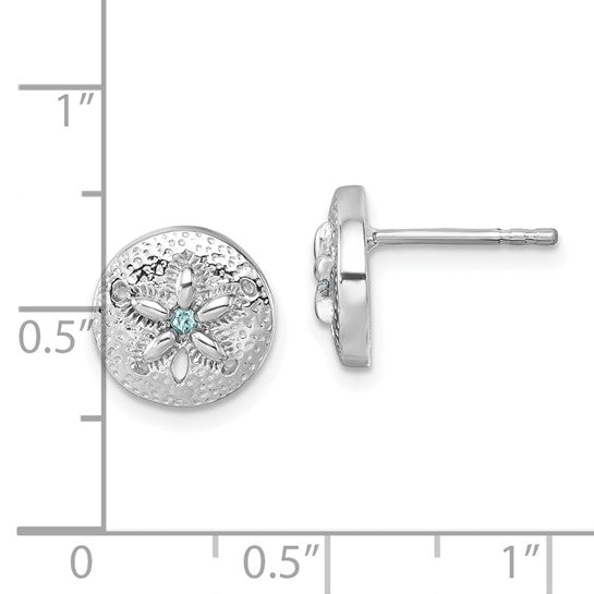 Crystal Sand Dollar Post Earrings by Presco/Quality Gold feature a small blue crystal at the center. Shown from the front and side, these sterling silver earrings measure just over 0.5 inches in diameter, as shown on the measurement grid.