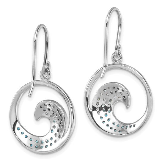 The Crystal Wave Blue CZs Earrings by Presco/Quality Gold feature sterling silver, circular cutout ocean wave shapes, and sparkling blue CZ accents along each inner curve.