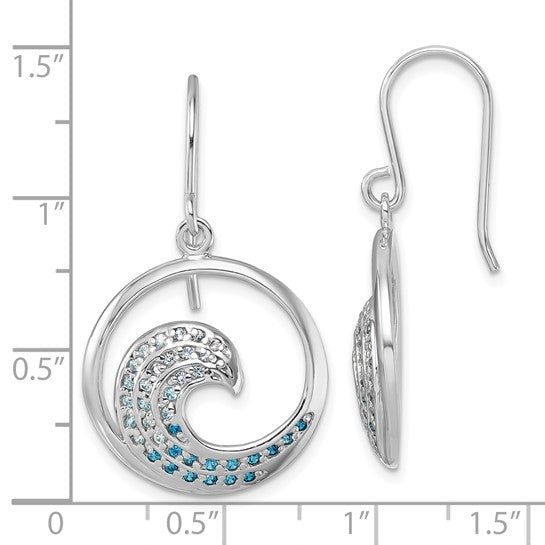 Crystal Wave Blue CZs Earrings by Presco/Quality Gold feature ocean wave-inspired sterling silver drops with blue CZ and clear gemstones. Each earring measures about 1 inch in diameter, as shown against a measurement grid.