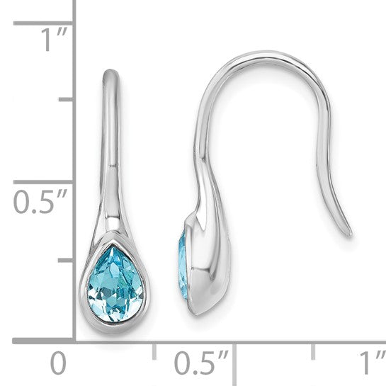 Crystal Wire W/ Blue Stone Earrings by Presco/Quality Gold, featuring teardrop-shaped blue stones set in sterling silver, shown on a white background with a 1-inch ruler grid for scale.