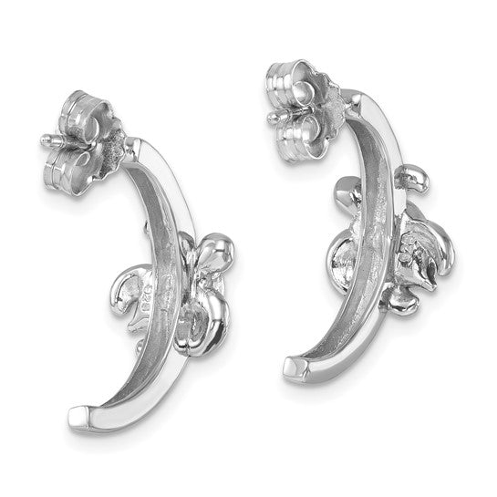 The Crystal Half-Hoop Post Turtle Earrings by Presco/Quality Gold are sterling silver with a curved design, decorative details near the clasps, and visible butterfly backings.