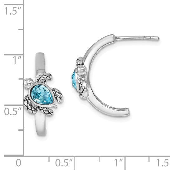 The Presco/Quality Gold Crystal Half-Hoop Post Turtle Earrings feature sterling silver turtles with blue gemstone shells, measuring about 1 inch in diameter and shown beside a ruler for scale.